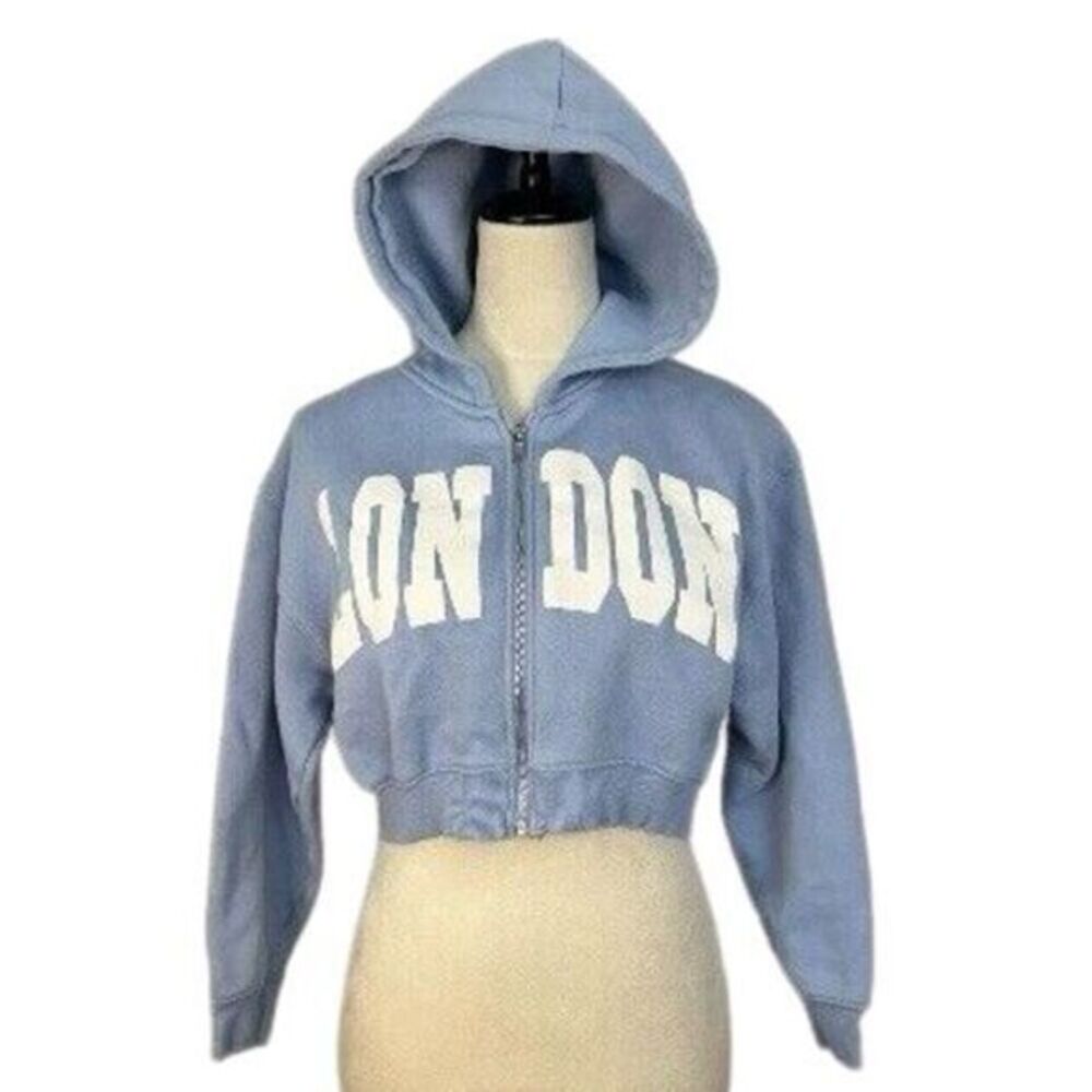 Zara Sweater Jacket Womens 11/12 Cropped London Plush Hoodie Zip Up Light Blue